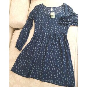 Roper 1986 Wms Ariana Feather Print L/S Dress 100% Rayon Navy & Multi Sz S NEW!